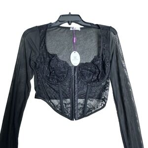 Womens Black Lace Bustier Corset Top Mesh Sheer Gothic Clubwear Long Sleeve Med